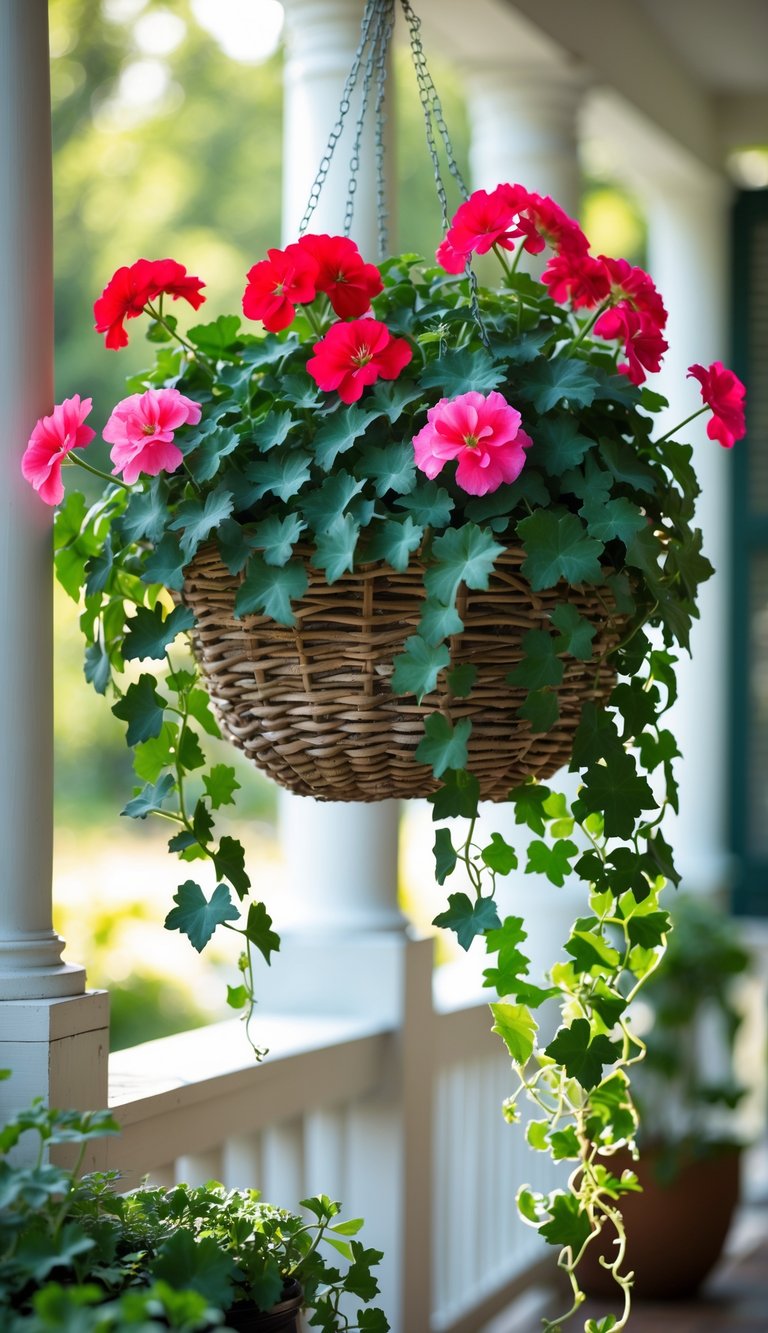 A hanging basket filled with colorful geranium flowers and trailing green ivy leaves in an outdoor setting.