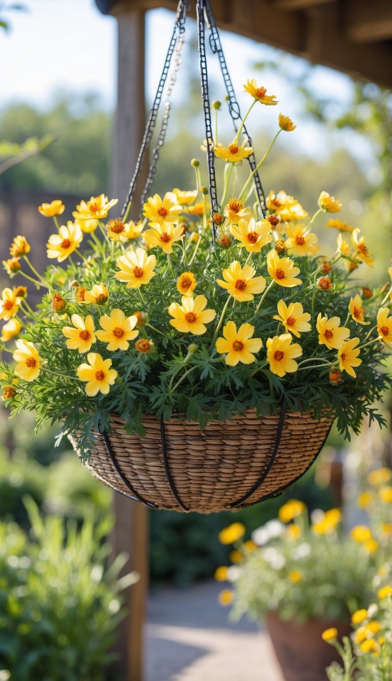 A hanging basket filled with bright yellow Coreopsis flowers in a sunny outdoor garden setting.