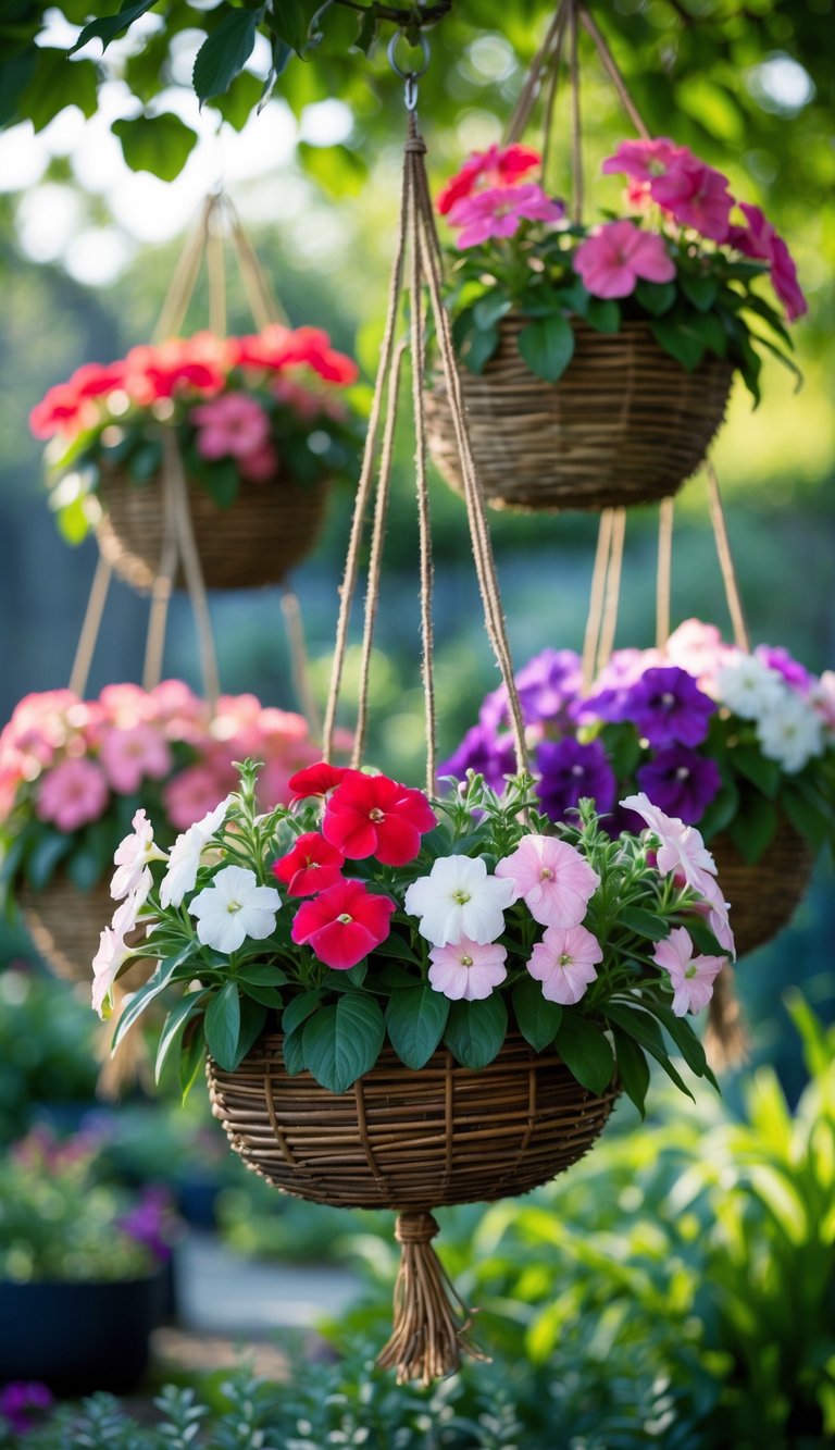 Several hanging baskets filled with colorful impatiens flowers in a shaded garden area.
