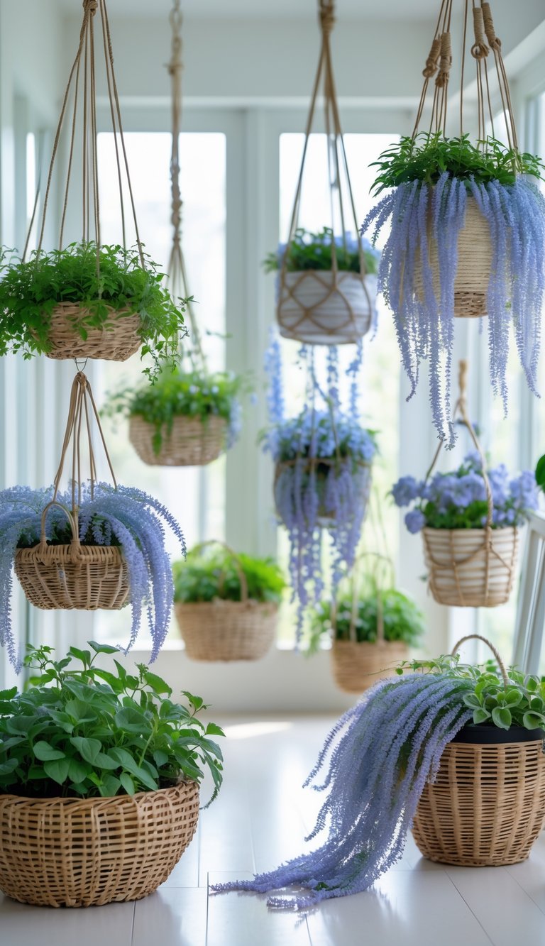 Seventeen hanging baskets filled with trailing Nepeta plants featuring soft blue flowers, arranged indoors with natural light.