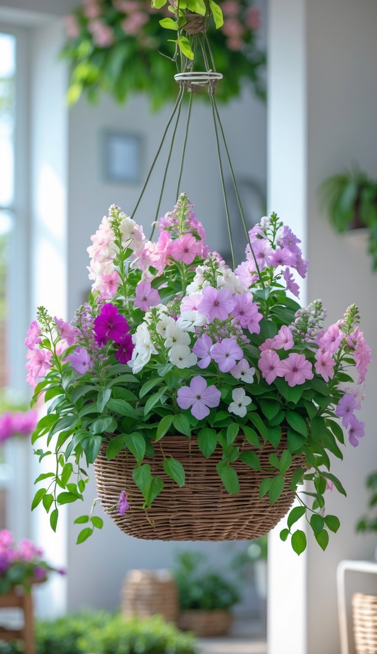 A hanging basket filled with blooming Phlox Amoena flowers in pink, purple, and white, surrounded by green leaves, hanging in a bright and airy space.