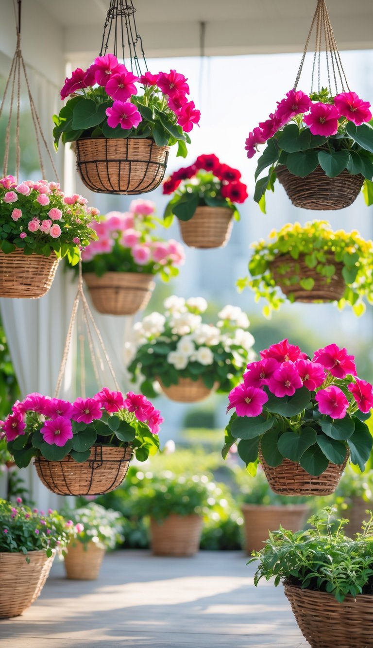 Seventeen hanging baskets filled with blooming scented pelargonium plants arranged to brighten a sunlit indoor or outdoor space.