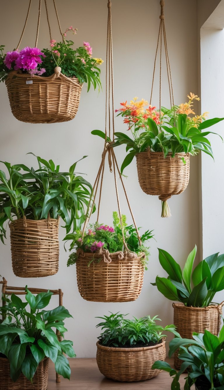 Several rustic hanging baskets filled with green plants and flowers hanging at different heights against a neutral background.