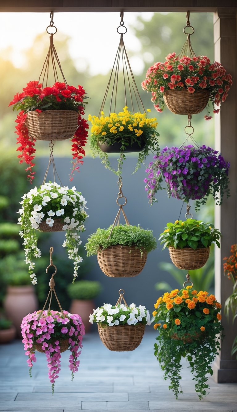 A group of hanging baskets filled with single-color plants in various vibrant shades, arranged to brighten up a garden or patio space.