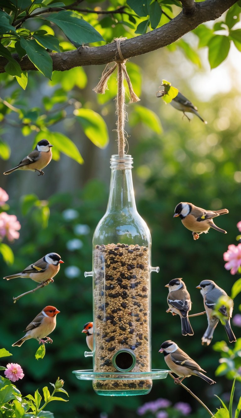A glass bottle bird feeder hanging from a tree branch with several small birds perched and flying nearby in a green garden.