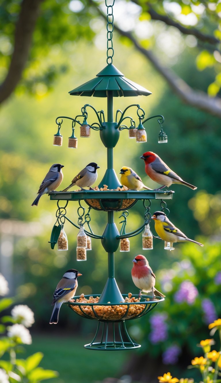 A chandelier-style bird feeder with multiple birds perched on it, surrounded by green plants and flowers.