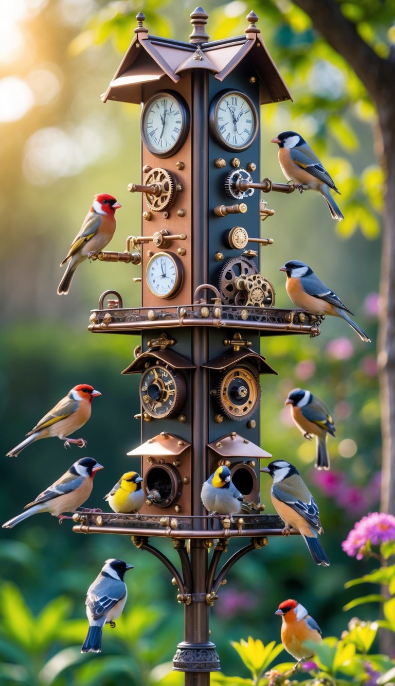 A detailed bird feeder station with multiple feeders and several birds perched and feeding, set in a garden with green foliage in the background.