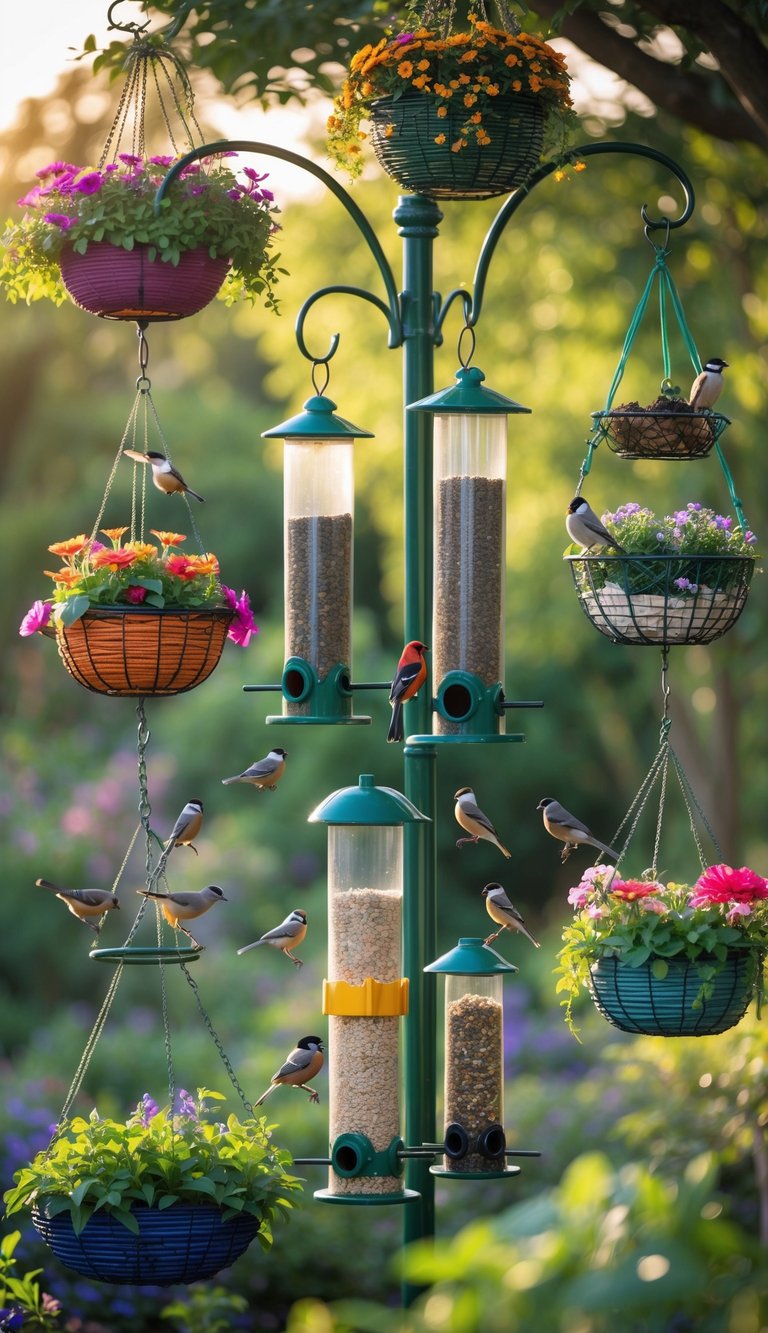 Outdoor hanging baskets and bird feeders with small birds perched on them in a garden setting.