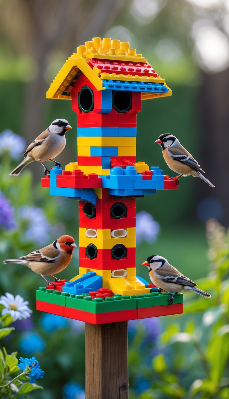 A colorful Lego bird feeder outdoors with several small birds perched and feeding on it surrounded by green plants.