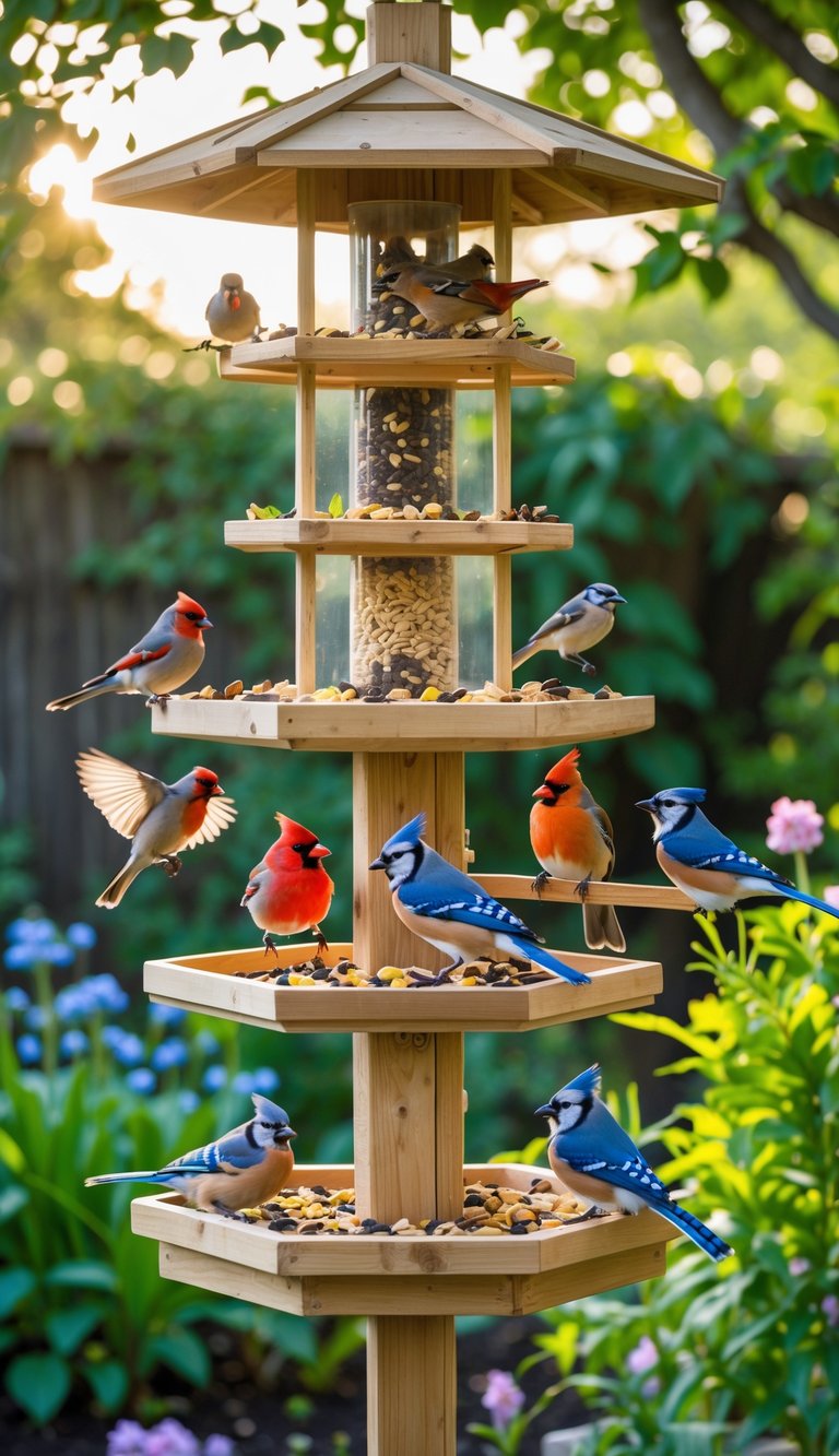 A multi-level wooden bird feeder station outdoors with various colorful birds perched and feeding, surrounded by green plants and sunlight.