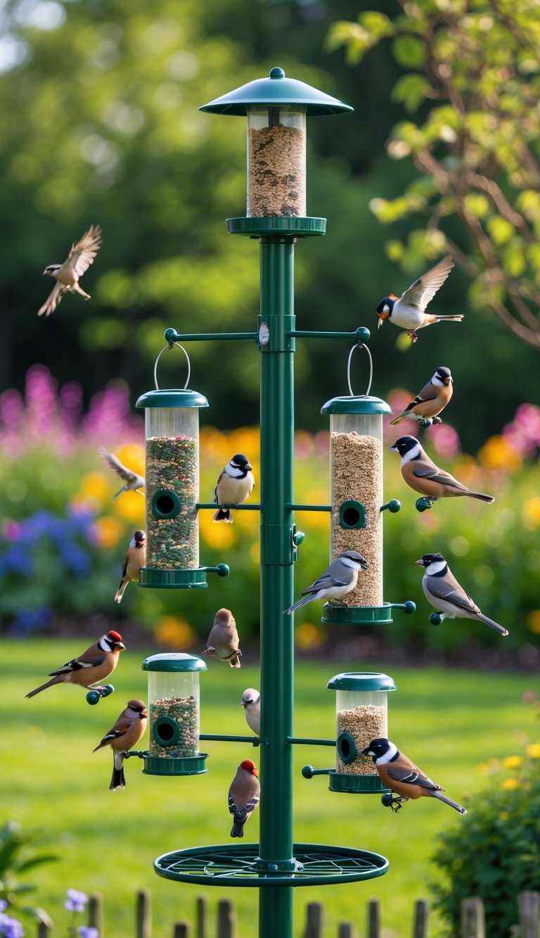 A bird feeder station with multiple feeders on a pole surrounded by green plants, several small birds feeding, and a squirrel baffle on the pole.