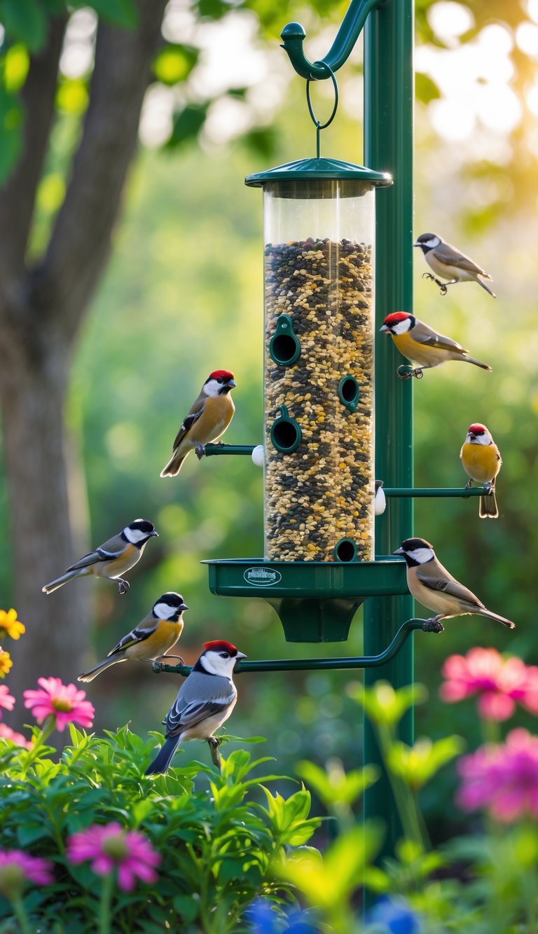 An outdoor garden scene with an 18-port tube seed feeder surrounded by small birds feeding and greenery.