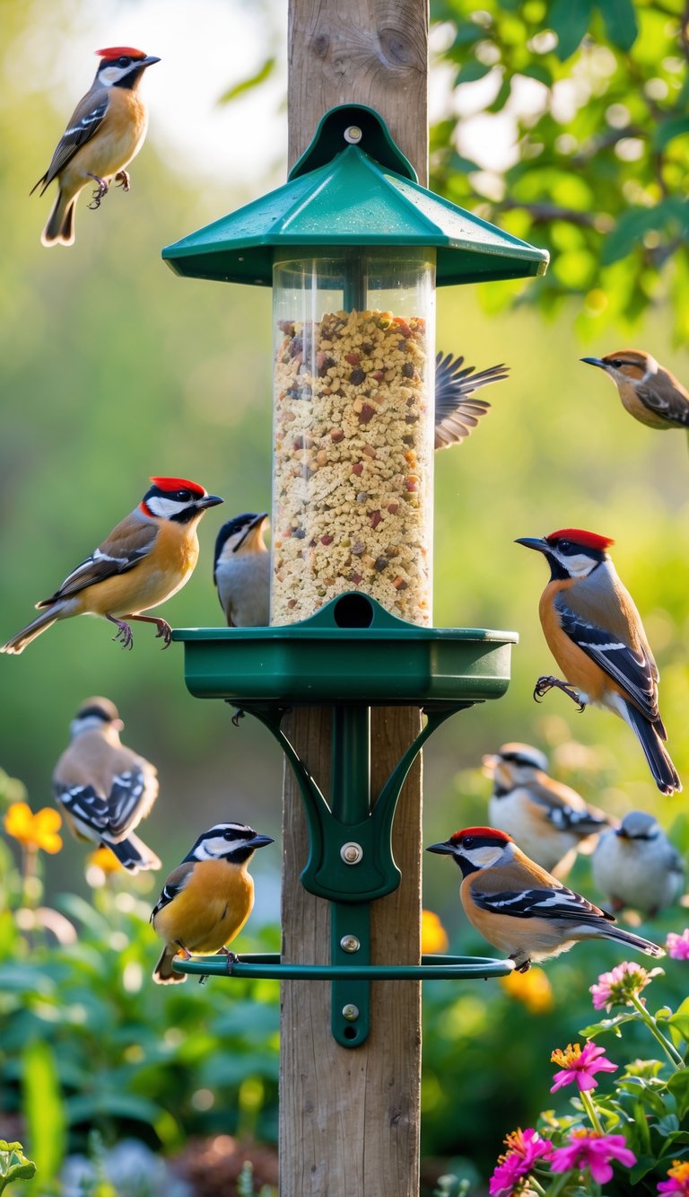 A suet cake holder bird feeder station with various colorful birds feeding and perched around it in a green garden setting.