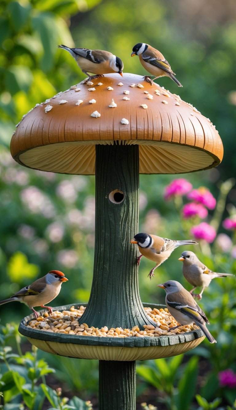 A mushroom-shaped bird feeder in a garden with several small birds perched and feeding on it, surrounded by green plants and flowers.