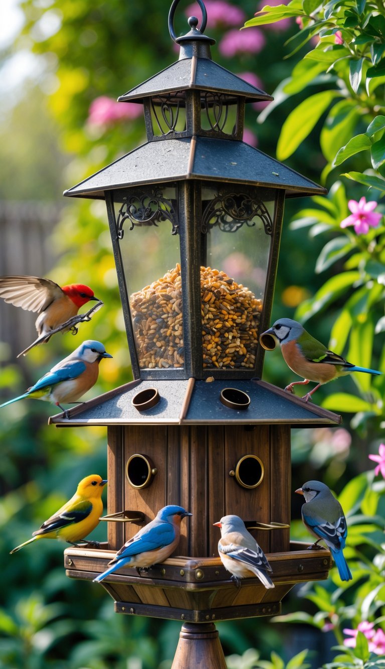 A vintage lantern-style bird feeder surrounded by colorful birds feeding in a green garden with flowers.