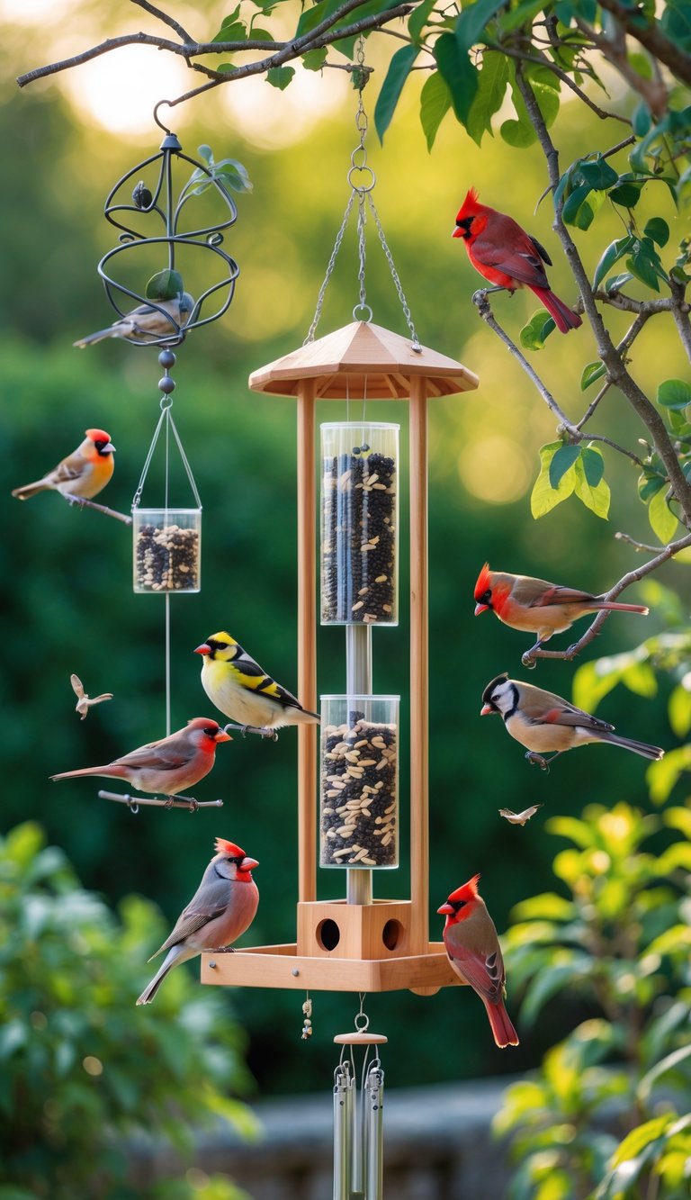 A bird feeder station with a wind chime seed dispenser surrounded by colorful birds feeding in a green garden.