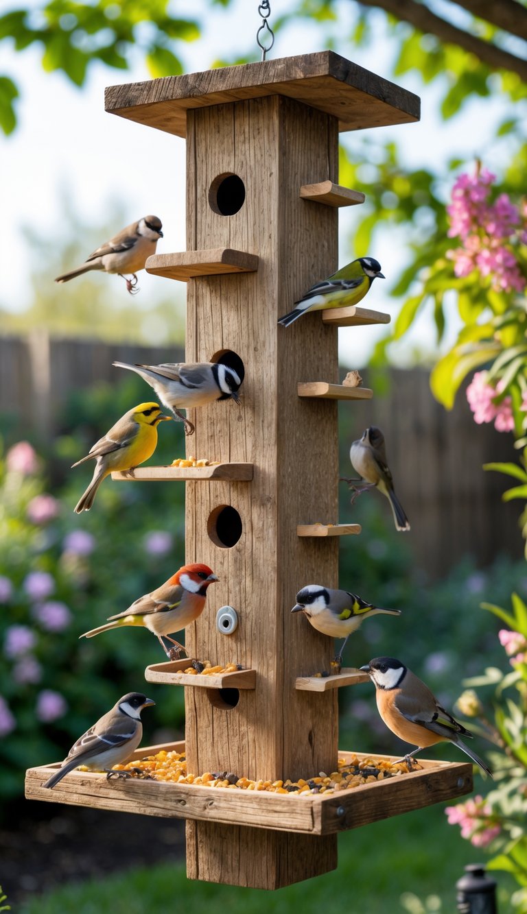 A large wooden bird feeder station with multiple small birds perched and feeding, surrounded by green plants and flowers.