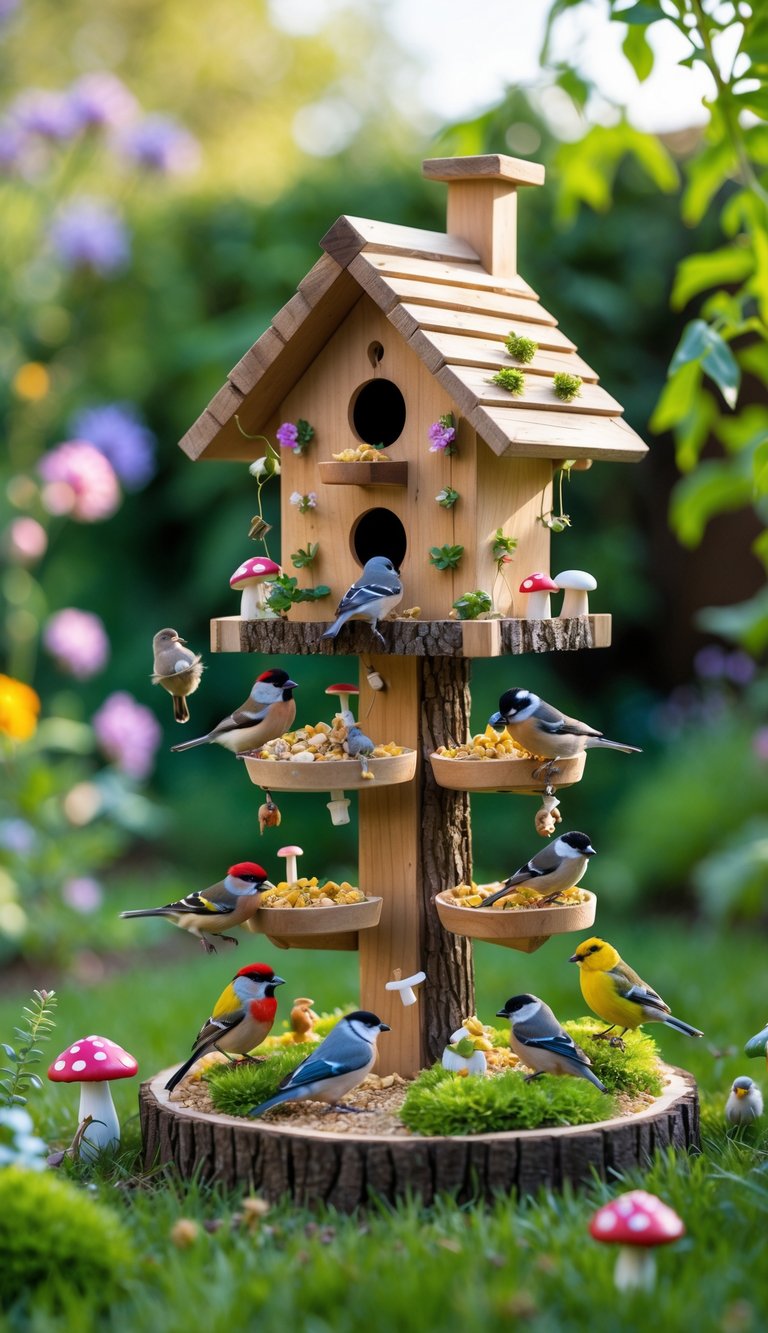 A miniature wooden bird feeder station surrounded by small plants and fairy garden decorations with colorful birds perched and feeding.