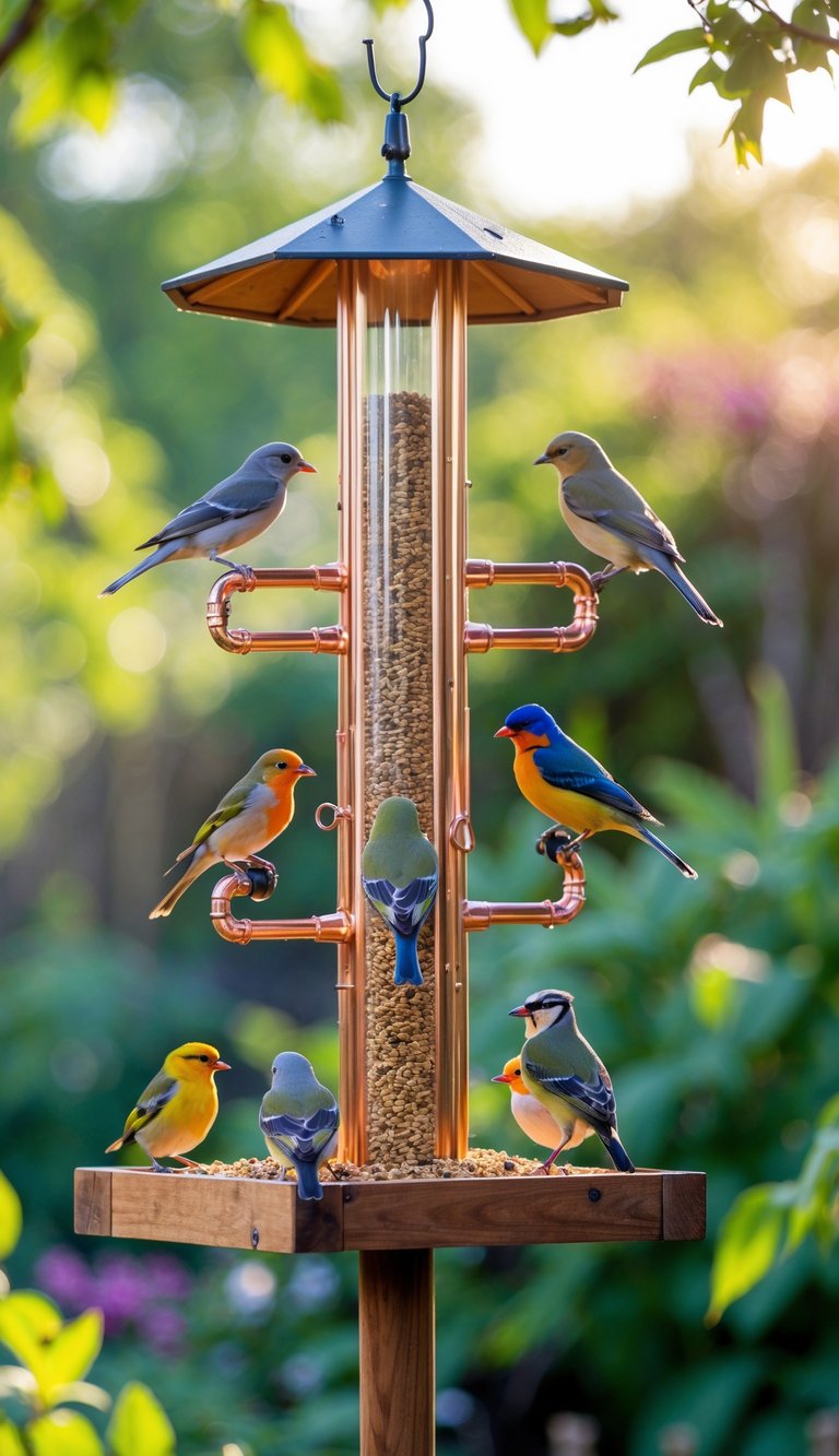 A bird feeder station with copper pipe feeders and several birds feeding in a garden setting.