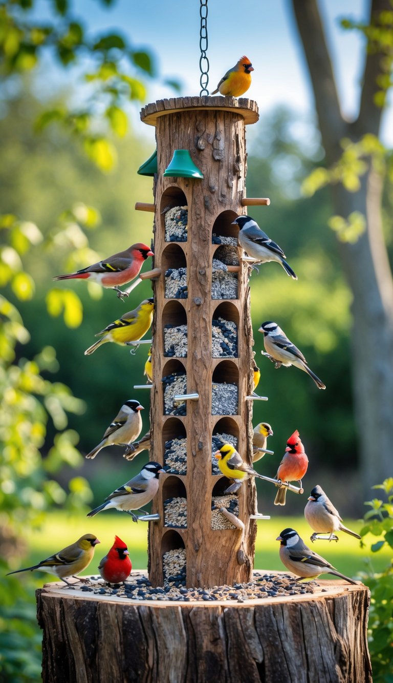 A hollow log bird feeder station outdoors with multiple colorful birds perched and feeding among green foliage.