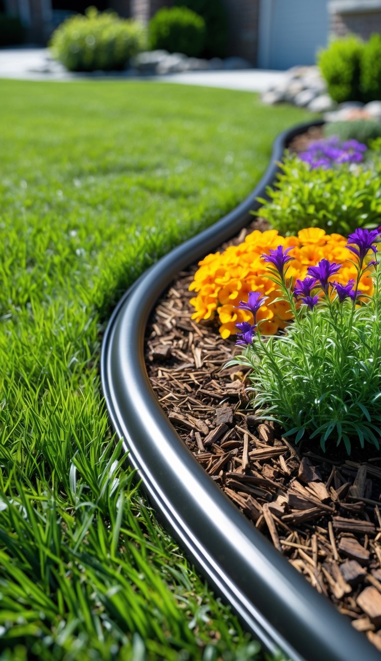 A neatly edged green lawn with metal borders separating it from a flower bed filled with colorful flowers and mulch in a tidy yard.
