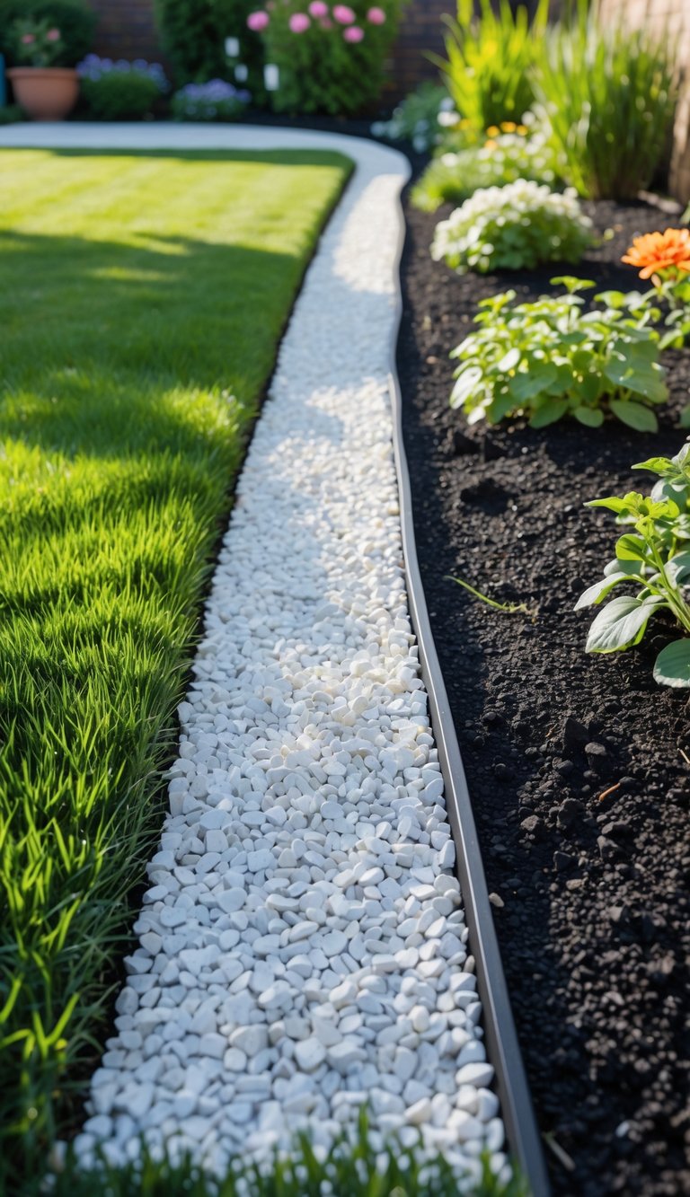 A clean garden yard with a green lawn bordered by a neat white gravel edging next to a flower bed.