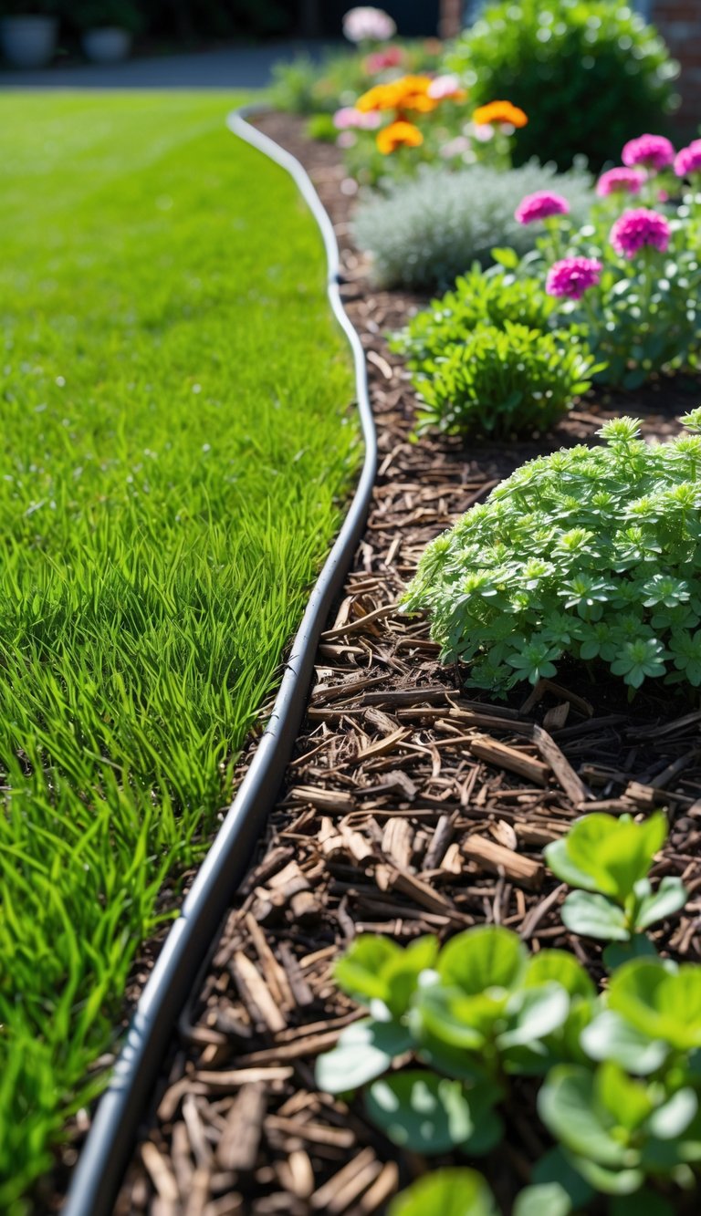 A clean lawn with a neat mulch strip edge separating green grass from a flower bed with colorful plants.
