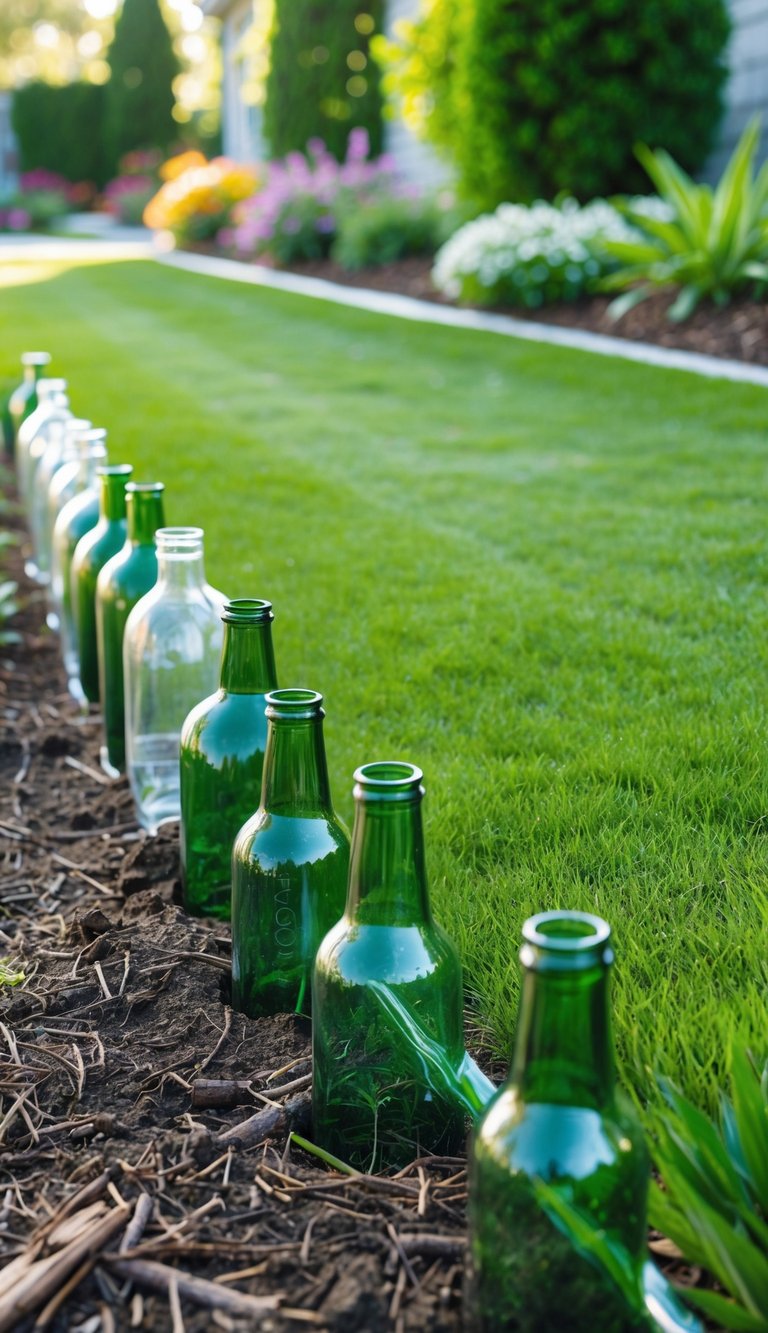 A green lawn bordered by glass bottles used as edging, with colorful flower beds surrounding the grass.