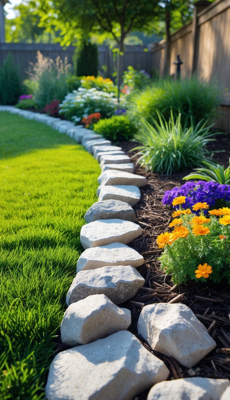 A garden lawn bordered by natural stone rocks separating the grass from a flower bed with colorful plants.