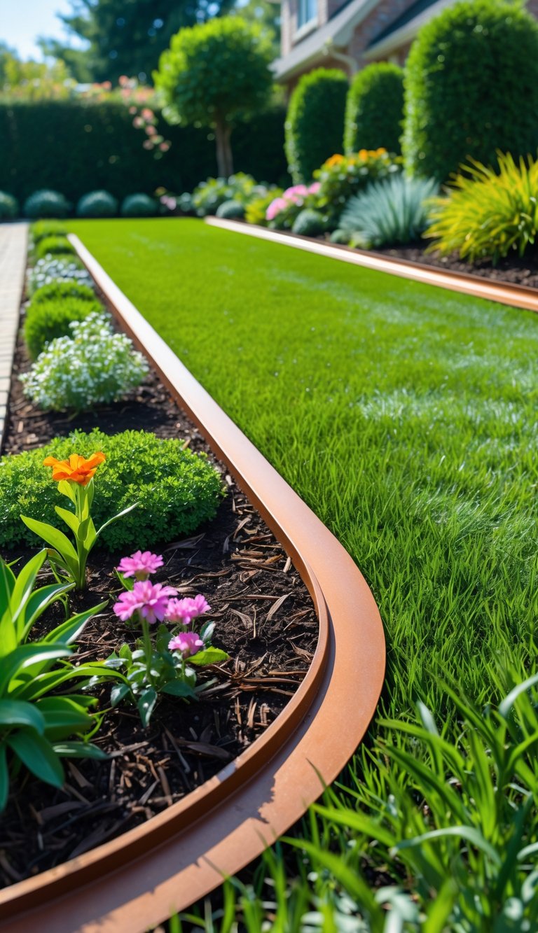 A clean garden yard with rust-colored corten steel edging separating green grass from flower beds and mulch areas.