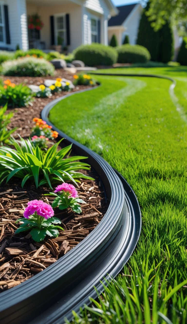 A garden yard with black rubber lawn edging separating green grass from a flower bed with colorful flowers and mulch.