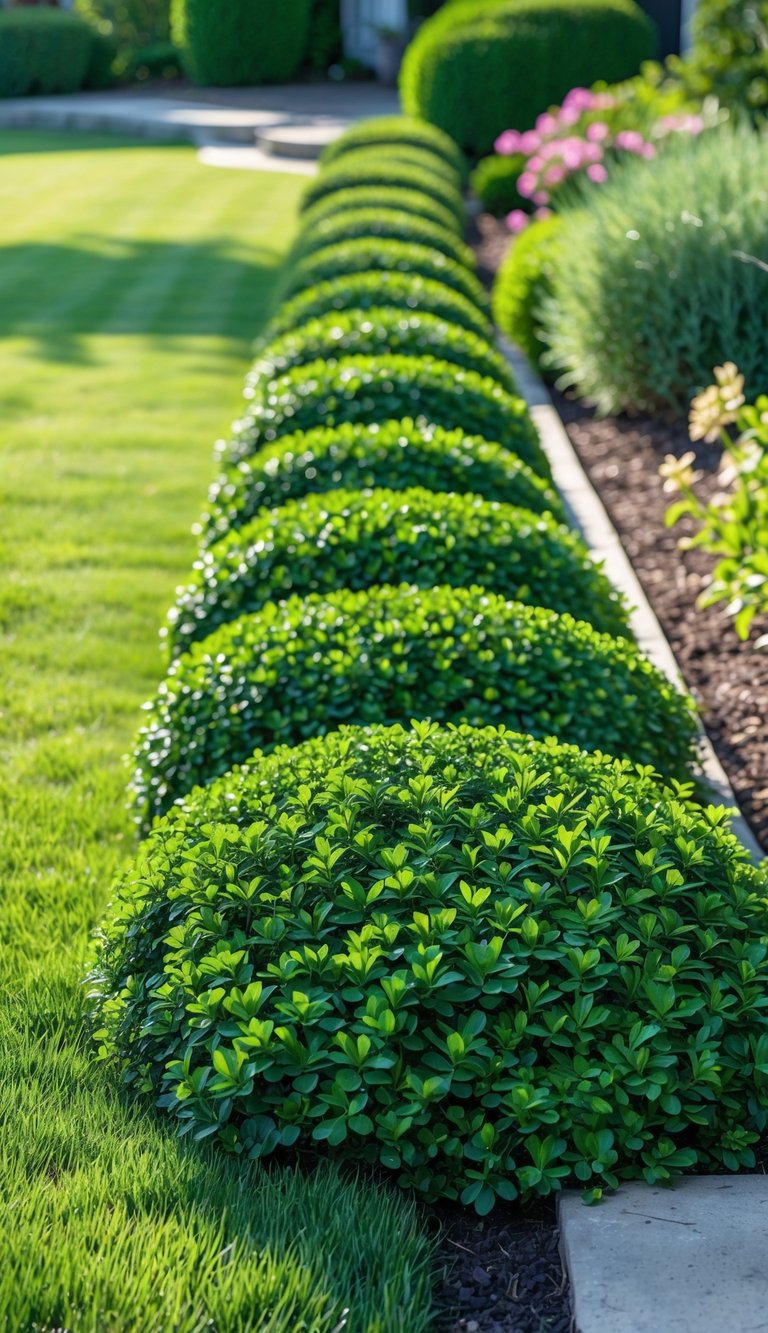 A neatly trimmed boxwood hedge used as living edging along a clean lawn with flower beds in a well-maintained garden.
