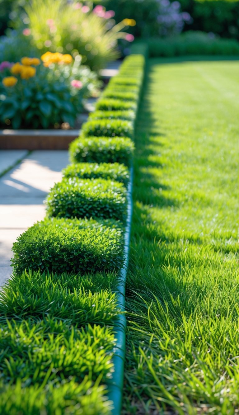 A clean lawn bordered by a row of short, neatly trimmed green hedges with flowering plants in the background under a clear blue sky.