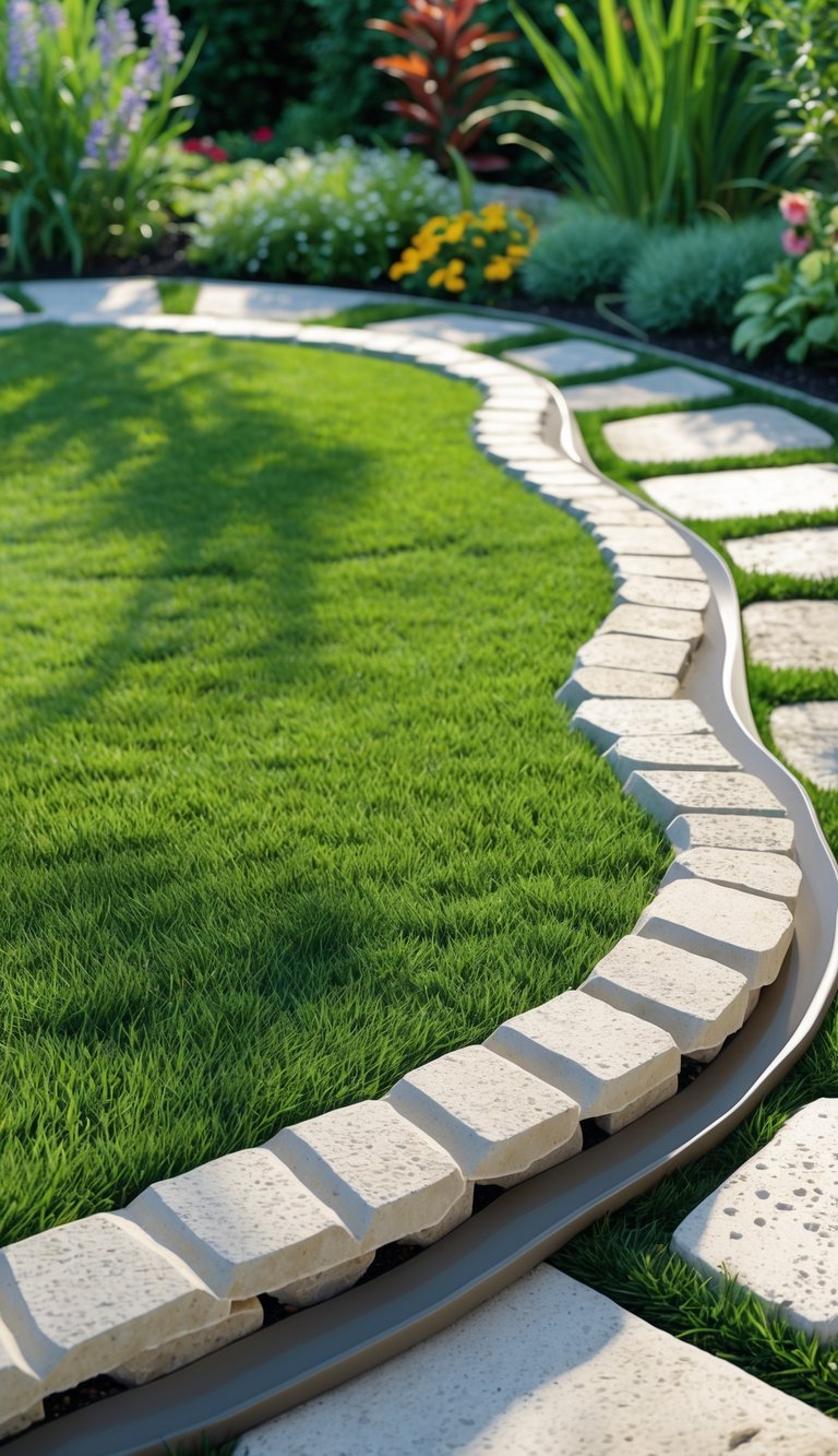 A garden lawn with pinwheel-shaped stone edging and stepping stones surrounded by green grass and plants.