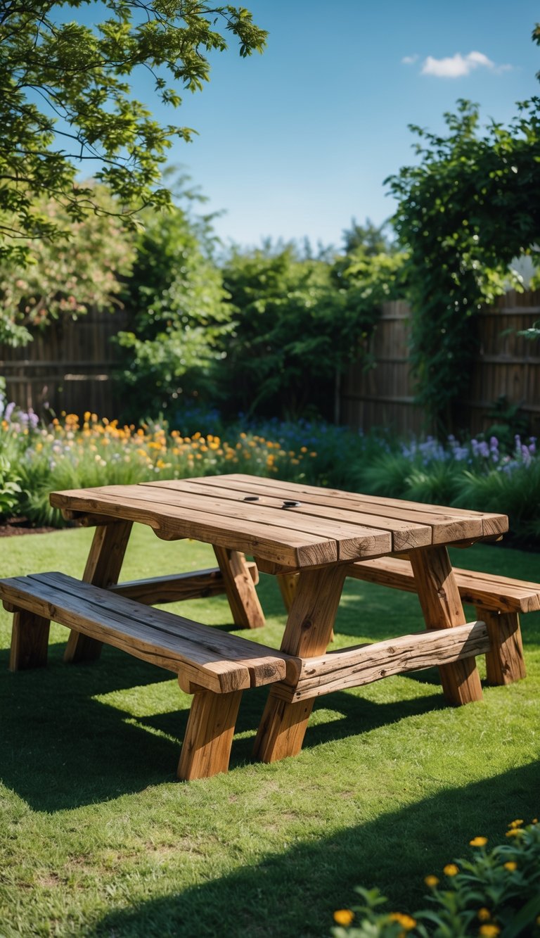 A rustic wooden picnic table with separate benches in a green backyard surrounded by trees and flowers under a clear sky.