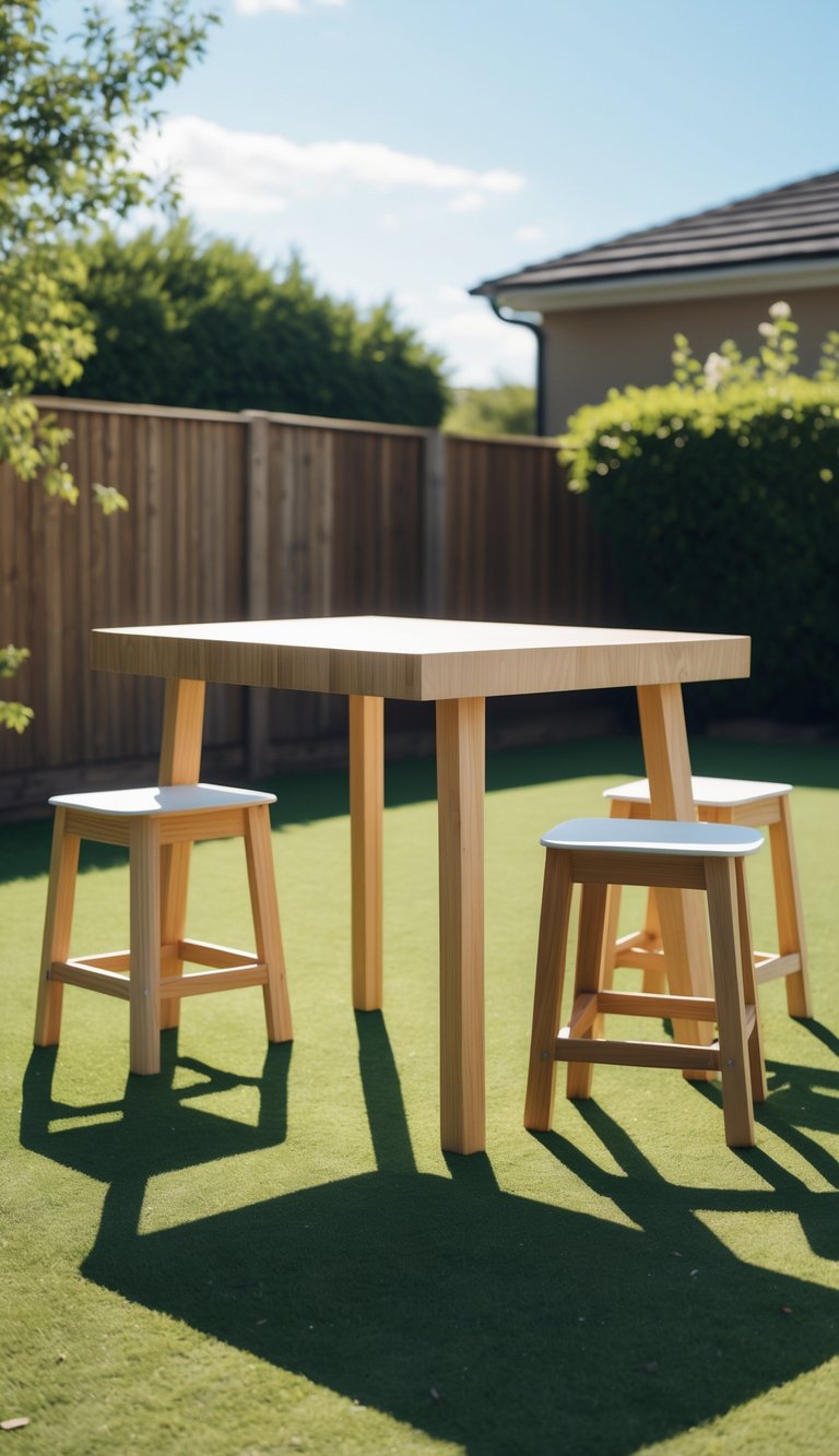A wooden picnic table with stools set on grass in a backyard with green shrubs and a wooden fence under a clear sky.