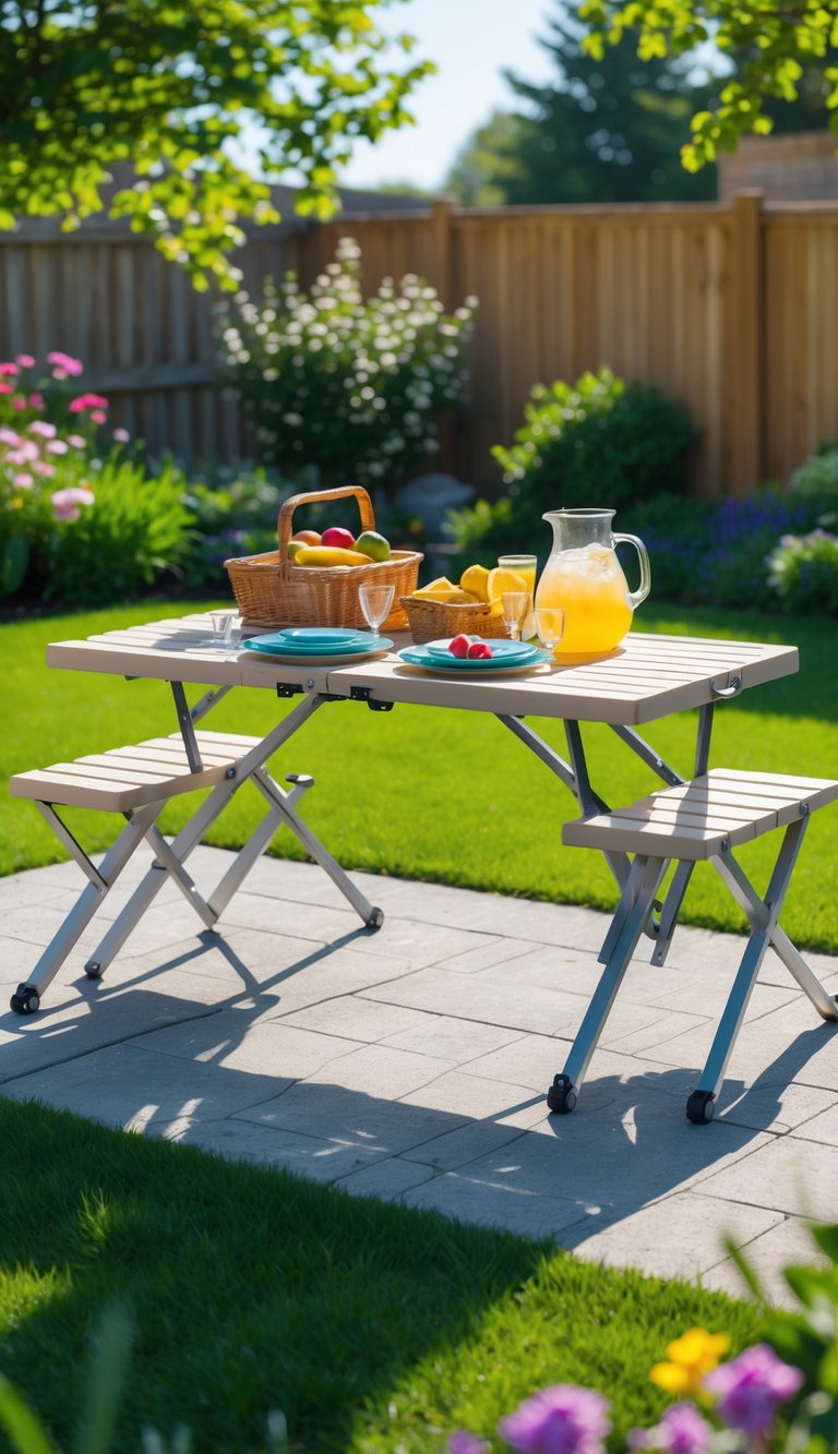 A compact folding picnic table set up in a backyard with grass, flowers, and picnic items on the table.