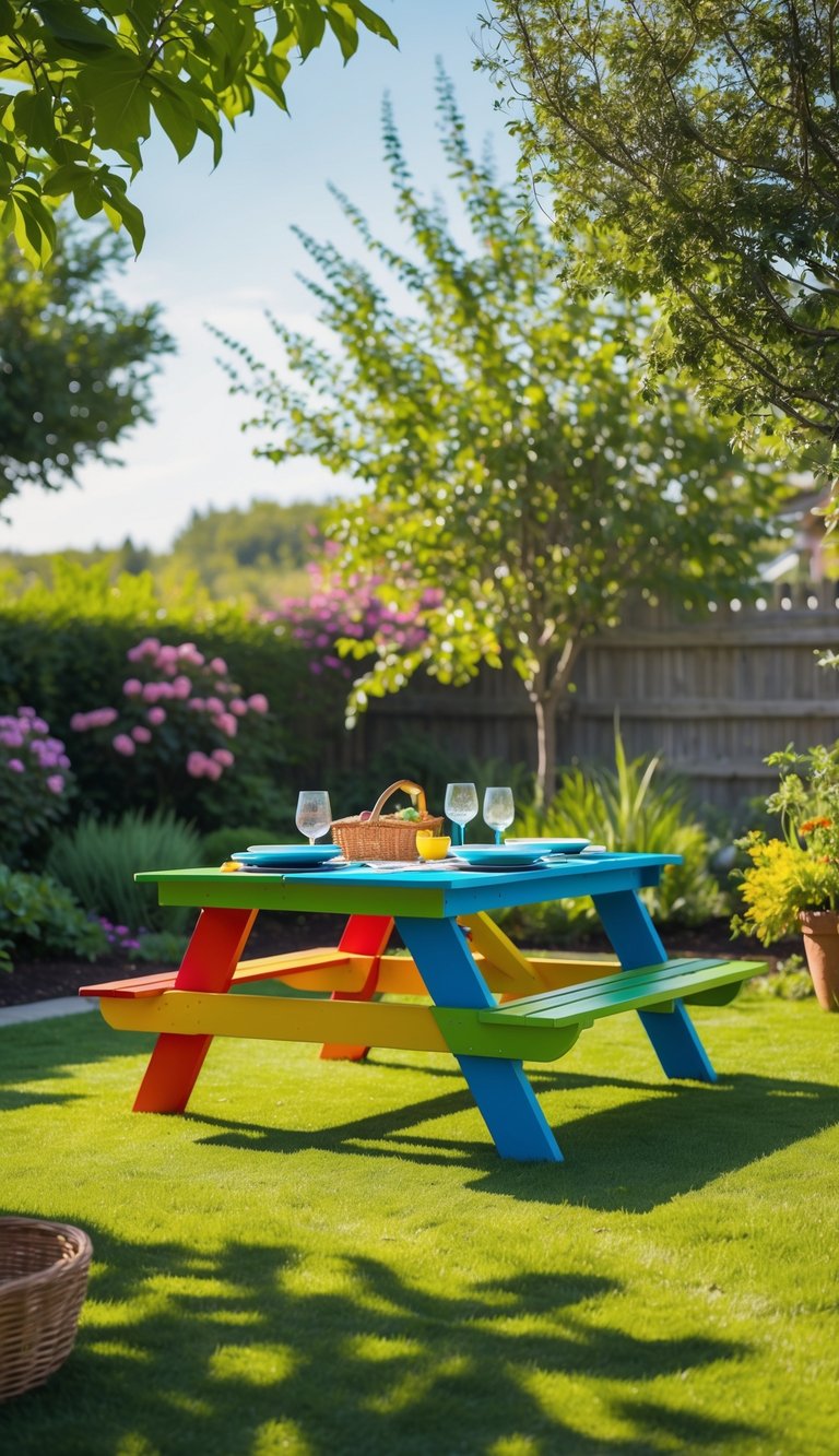 A colorful painted picnic table in a sunny backyard surrounded by grass and plants with picnic items on the table.