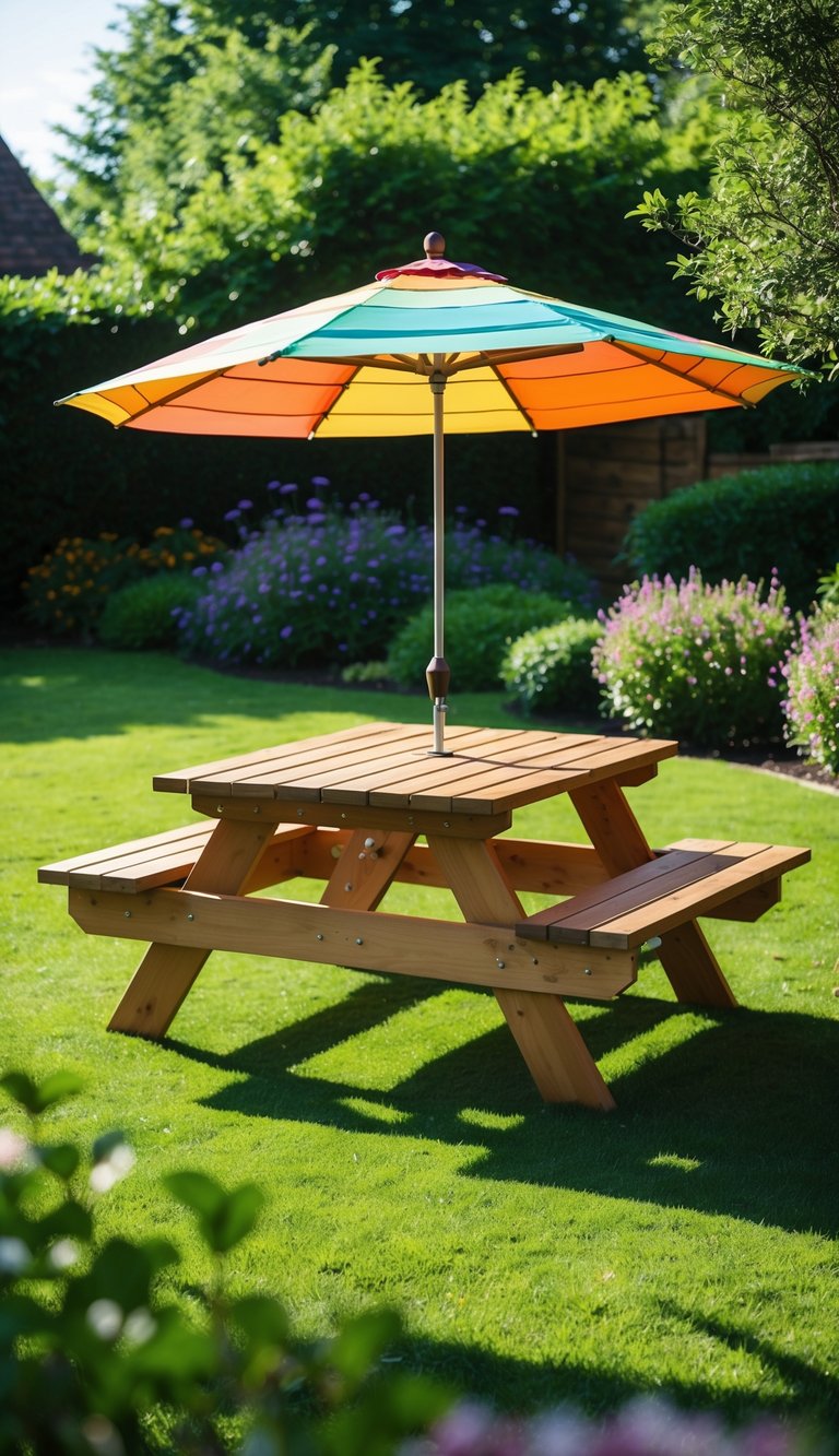 Wooden picnic table with a built-in umbrella hole set in a green backyard surrounded by grass and plants.