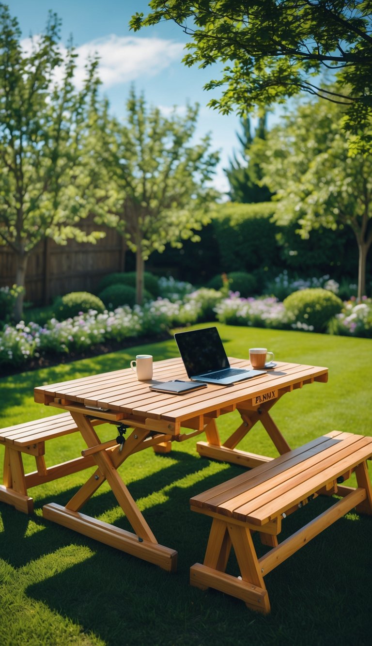 A wooden convertible picnic table in a backyard, shown as both a picnic table and an outdoor desk with a laptop and coffee cup, surrounded by grass and plants.