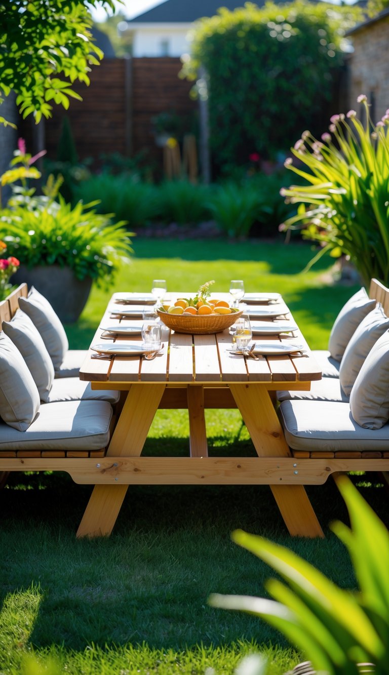 An outdoor wooden picnic table with padded chairs in a backyard surrounded by green grass and plants.