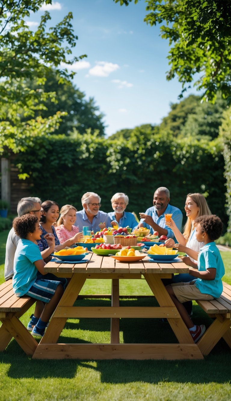 A large wooden picnic table with extended seating in a backyard, surrounded by a family enjoying a meal together outdoors.