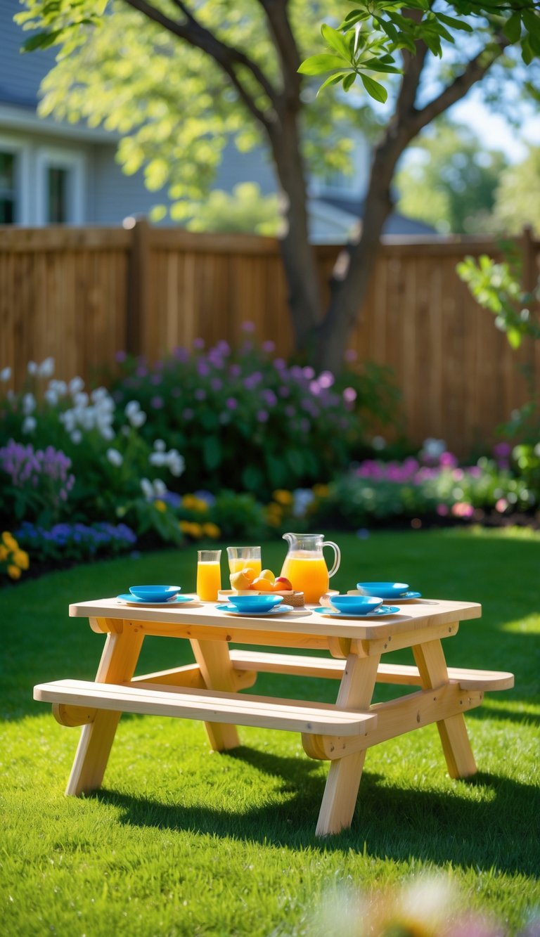 A small wooden picnic table set up in a green backyard with kid-friendly picnic items and surrounding trees and flowers.
