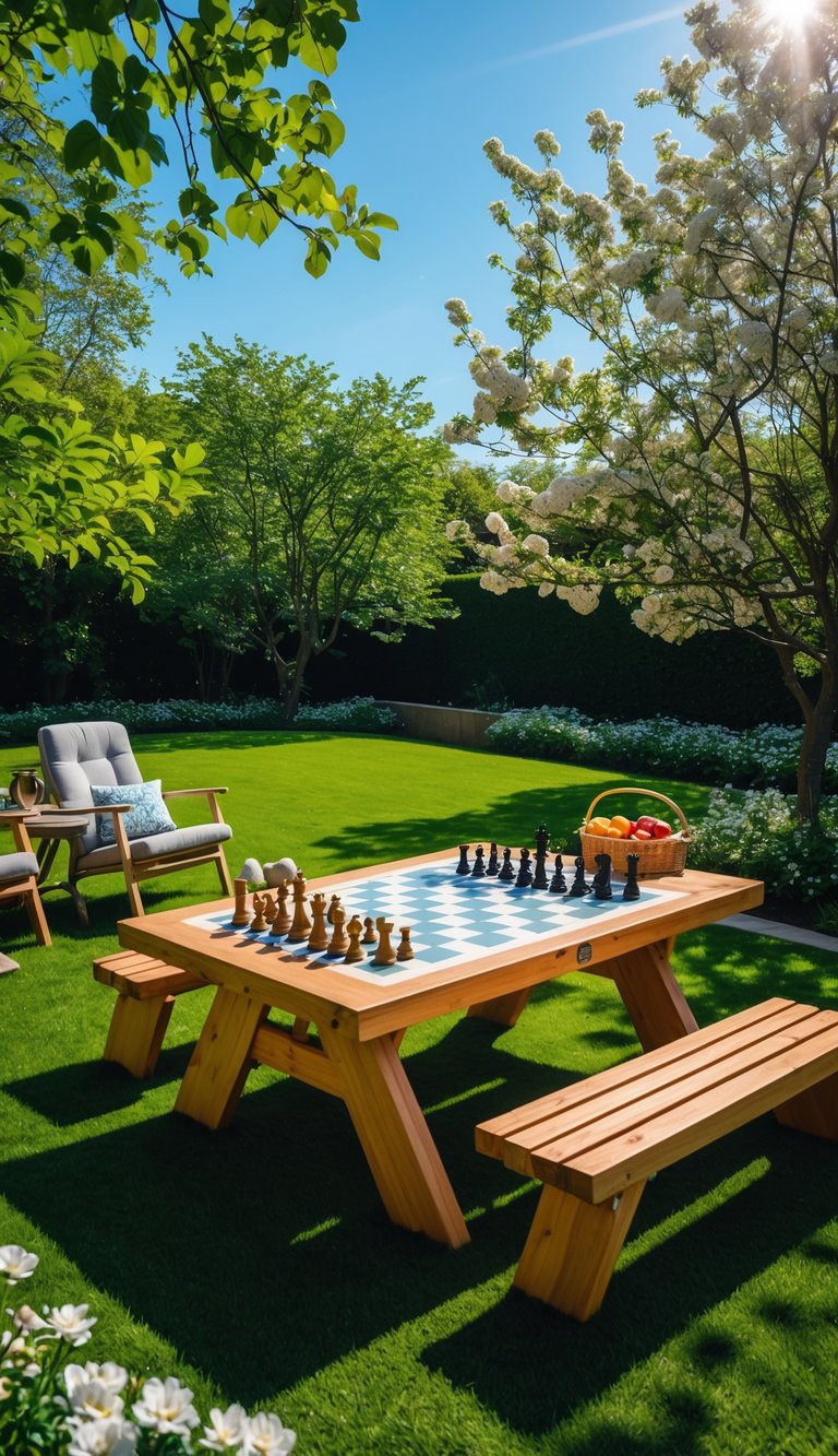 A wooden picnic table with a built-in chess and checkers board in a green backyard surrounded by trees and flowers.