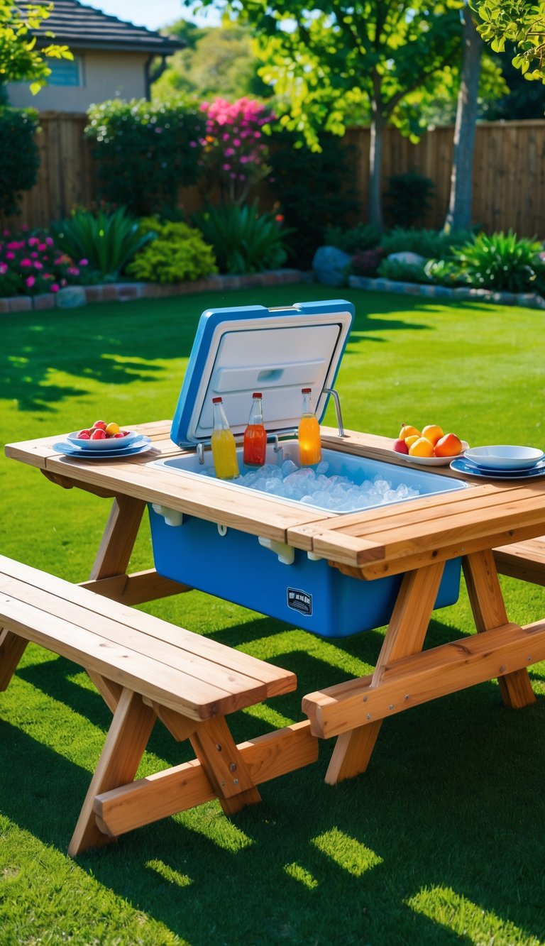 A wooden picnic table with built-in cooler storage in a sunny backyard surrounded by green grass and trees.