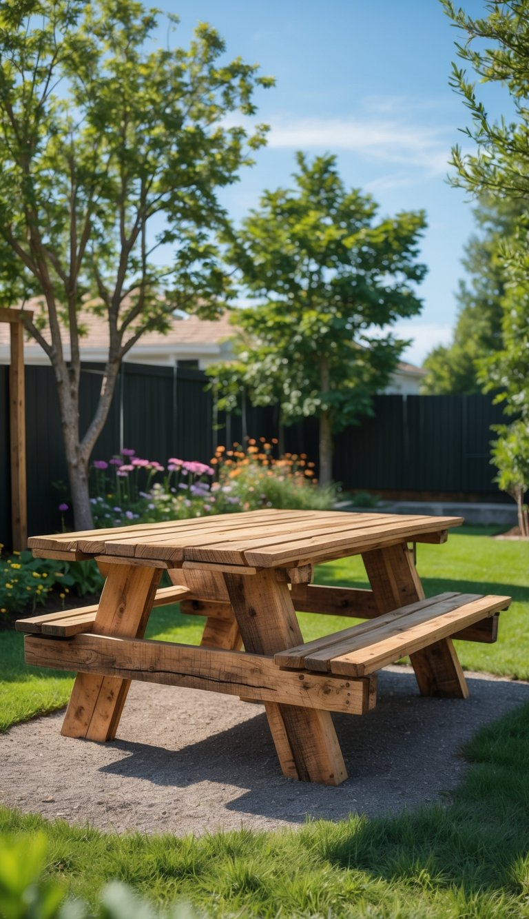 A picnic table made from recycled pallet wood in a sunny backyard with grass, flowers, and trees.