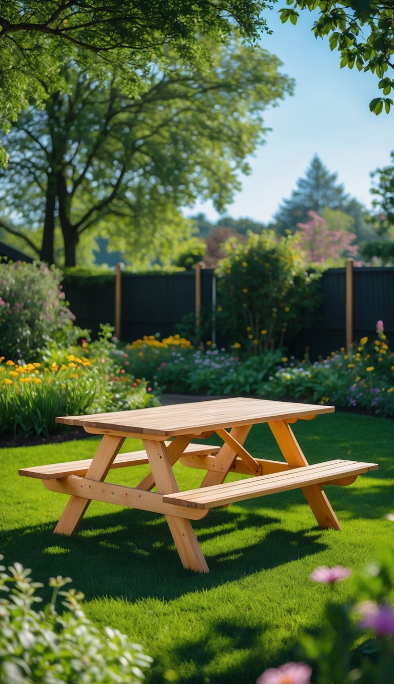A wooden A-frame picnic table in a sunny backyard surrounded by green grass and flowering plants.