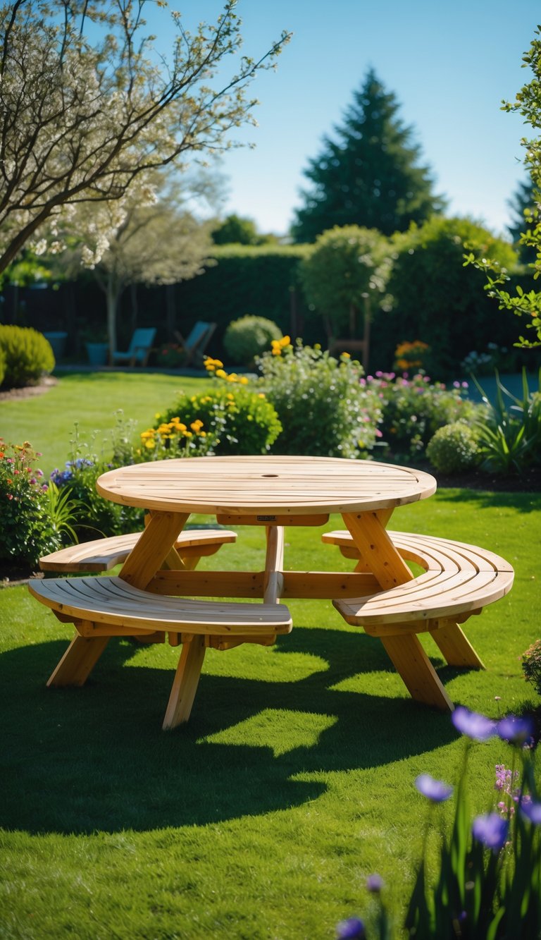 Round wooden picnic table with attached seating in a sunny backyard surrounded by grass and plants.