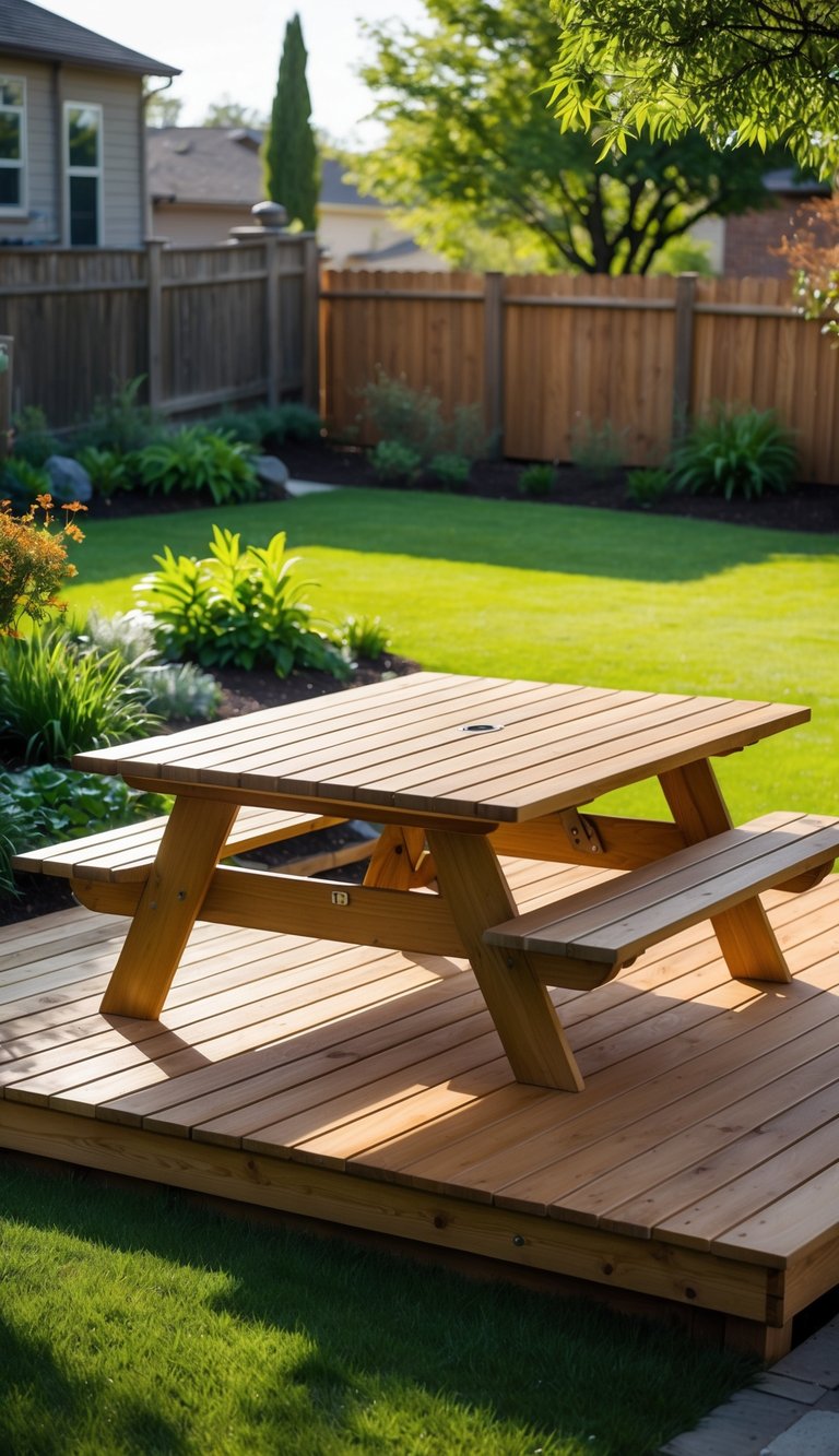 A wooden picnic table on a raised deck in a backyard with green grass and plants around.