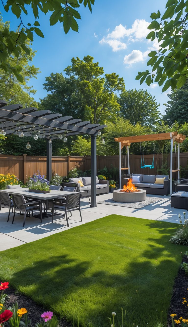 A backyard with separate dining, lounging, and play areas including outdoor furniture, a fire pit, and a swing set.